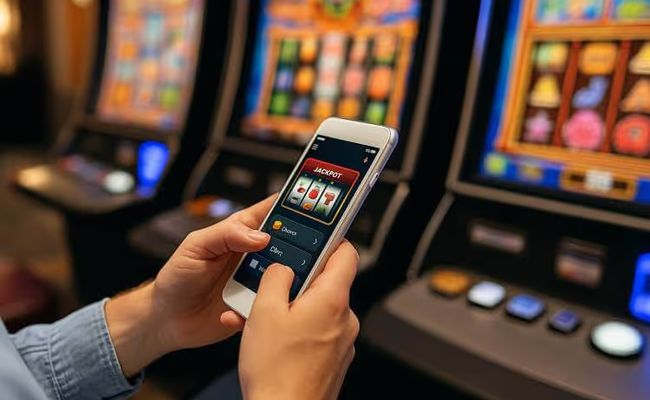 Image of a person using a casino mobile app inside a casino