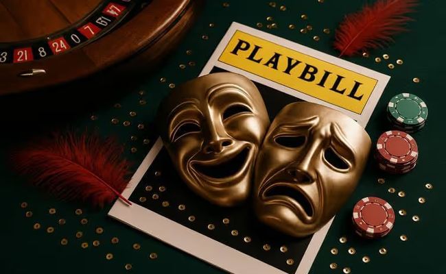 Comedy and tragedy theatre masks overlapping on a Playbill with casino chips, a roulette wheel, and a red feather, blending Broadway and Las Vegas themes.