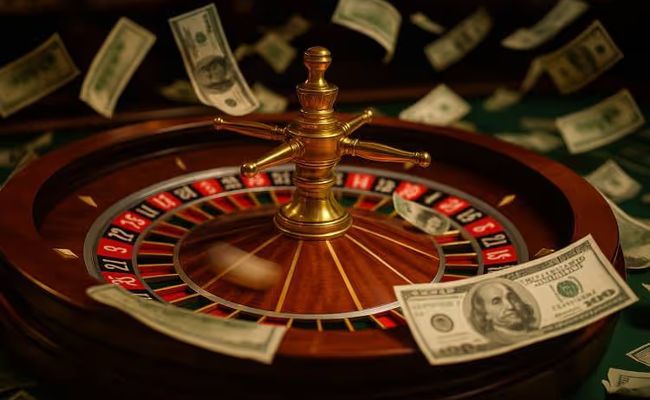 A blurred roulette wheel spins rapidly as U.S. dollar bills fly through the air in a casino setting, capturing the chaos of a game malfunction.