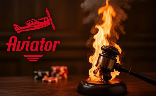 A flaming judge’s gavel beside a smartphone with a red airplane graphic, symbolizing SPRIBE’s legal dispute over its Aviator crash game.
