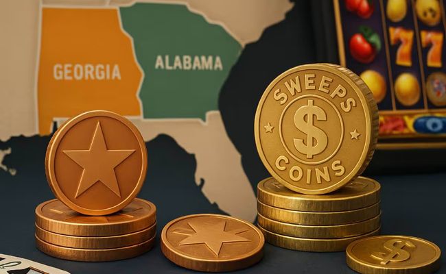 Sweeps Coins and Gold Coins placed on a map showing Georgia and Alabama, symbolizing sweepstakes casino access.