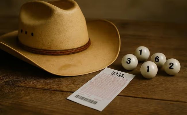 A photo of a Texas Lottery ticket on a rustic wooden surface, with a tan cowboy hat and lottery balls.