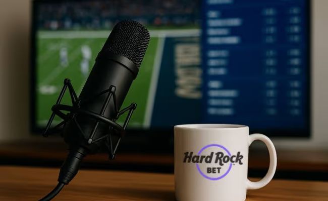 A podcast microphone and a white coffee mug with the Hard Rock Bet logo on a desk in front of a blurred sports broadcast, representing The Volume’s exclusive sportsbook partnership with Hard Rock Bet.