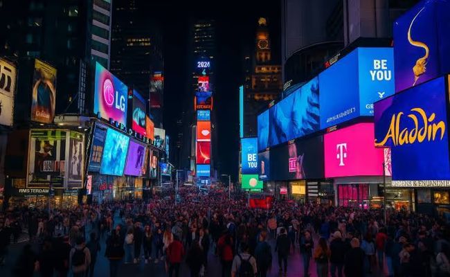 Times Square at night in New York City, illuminated by colorful billboards, neon lights, and bustling crowds of people and cars.