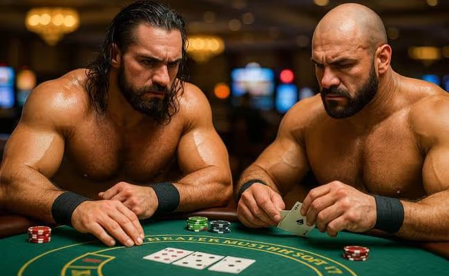 Two muscular professional wrestlers seated at a blackjack table, focused on their cards under moody casino lighting.