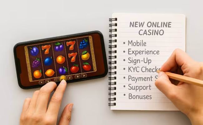 Trying new online casinos on a smartphone while writing notes in a notebook titled “New Online Casino,” highlighting key points like mobile experience, sign-up, KYC, payment speed, support, and bonuses.