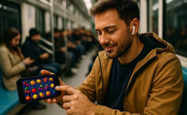 An image showing a person trying a new online casino on their smartphone while traveling on a train.