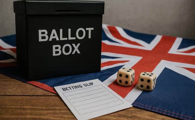 A black ballot box, ivory dice, and a folded betting slip on a wooden table partially covered by a Union Jack flag