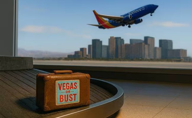 A vintage brown leather suitcase with a “Vegas or Bust” sticker lies unclaimed on a baggage carousel, with a plane taking off over the Las Vegas skyline visible through the large airport window.