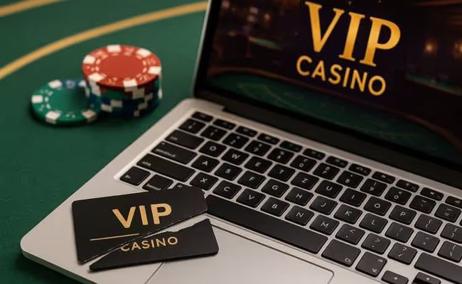 A laptop on a blackjack table next to scattered casino chips and a cut-up black VIP card, with an online casino screen in the background.