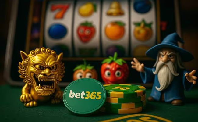 A realistic close-up of a casino-themed scene featuring spinning slot reels on a screen, branded green and yellow poker chips, and Wazdan-inspired characters.