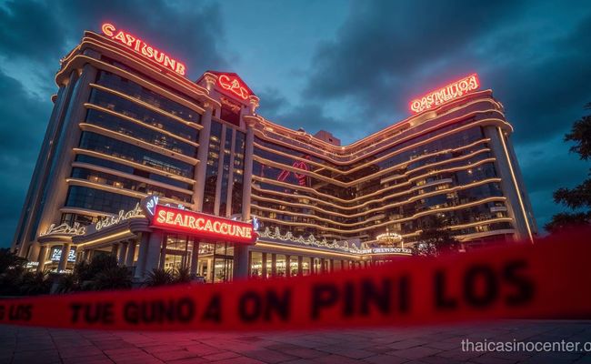 Exterior of a casino building at night in Southeast Asia with neon signs and red warning tape in the foreground