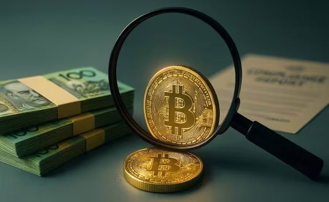 Photo-realistic image of a Bitcoin coin under a magnifying glass beside stacks of Australian hundred-dollar notes and a blurred compliance report, symbolising AUSTRAC’s scrutiny of crypto transactions.