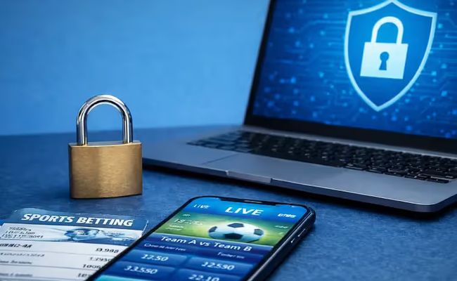 Online sports betting interface on a smartphone beside a security lock and laptop, illustrating access controls and self-exclusion safeguards.