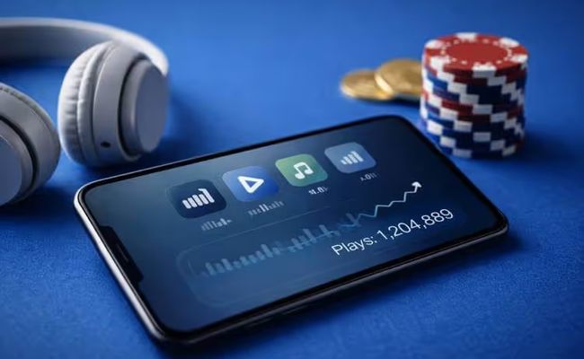 Studio image showing music streaming activity alongside casino elements on a blue background