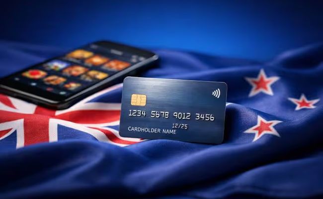 Credit card in focus on a New Zealand flag with a mobile casino screen blurred in the background, illustrating the planned ban on credit card deposits at online casinos
