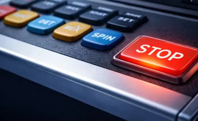 Close-up of pokie machine stop button and control panel with spin and bet button