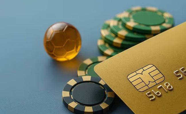 Close-up sports betting scene with credit card, mini sports balls, and chips on a blue background, representing Australia’s credit-card gambling ban.