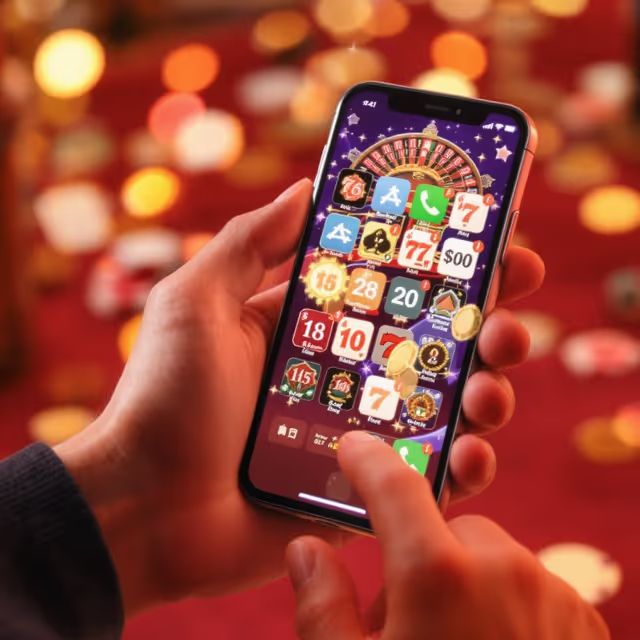 Hand holding a smartphone displaying multiple casino mobile app icons on a glowing background