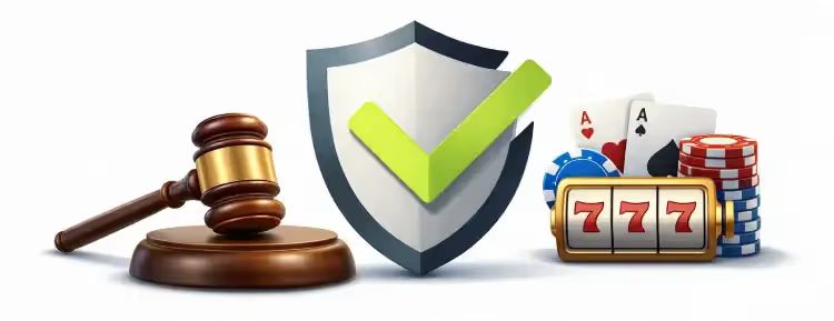 Shield, gavel and casino icons representing legal offshore licensing and trust at Australian online casinos