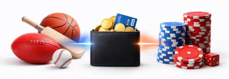 Sports betting and casino elements connected by a shared wallet on a white background