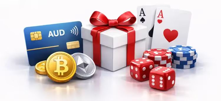 illustration of mobile casino elements including payment card, crypto coins, gift box bonus, playing cards, dice and casino chips on a white background