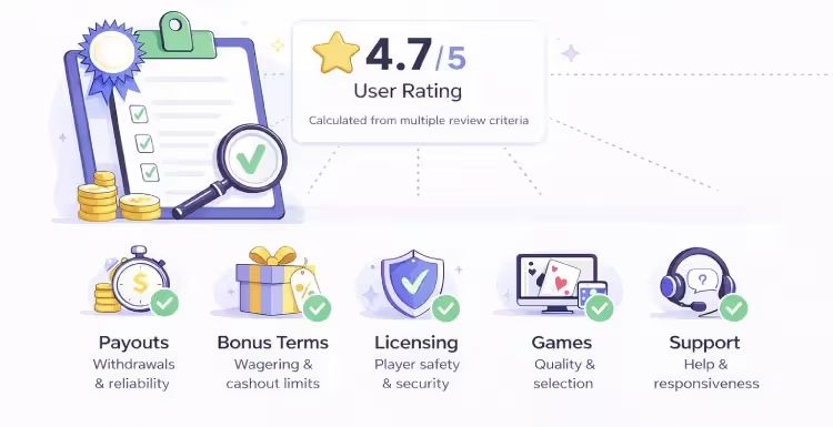 Infographic showing how Casino-Bonus.Club evaluates online casinos, including payouts, bonus terms, licensing, games, and customer support.