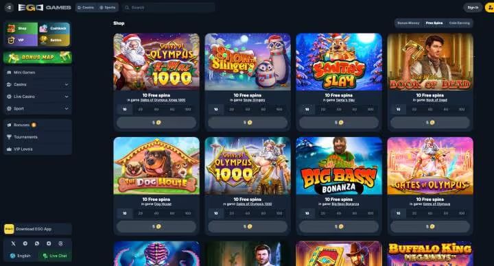 EgoGames Casino bonus shop screenshot