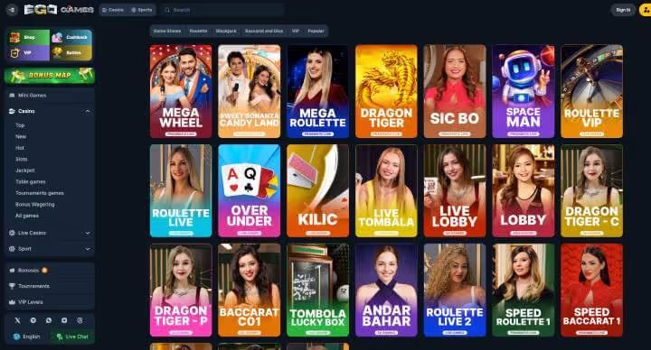 EgoGames Casino live games screenshot
