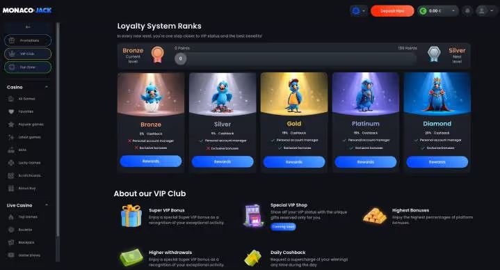 MonacoJack Casino lotalty screenshot