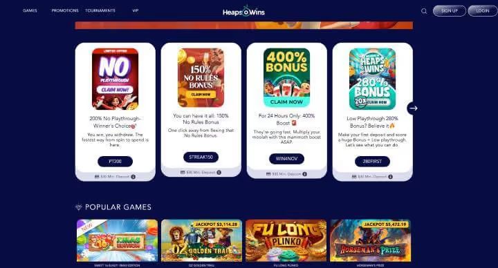 Heaps O Wins Casino promotions screenshot