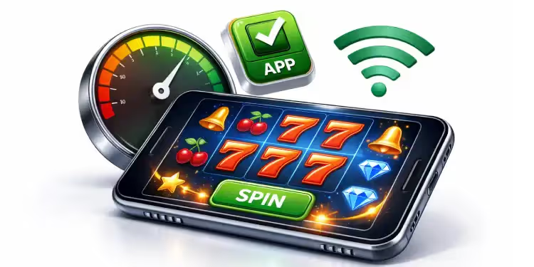 Mobile casino app with slot game, fast performance gauge and WiFi connection, optimised for real money mobile casinos