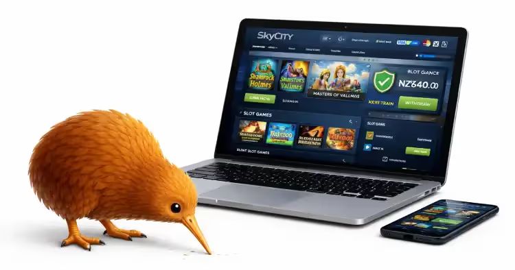 Kiwi bird next to laptop and mobile displaying online casinos in New Zealand
