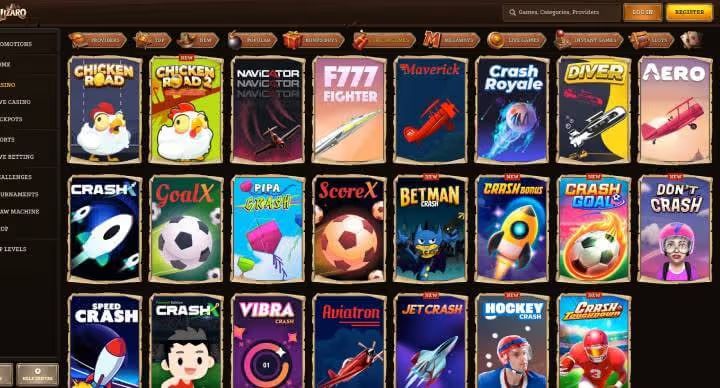 Lizaro Casino crash games screenshot