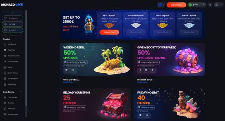 MonacoJack Casino online promotions screenshot