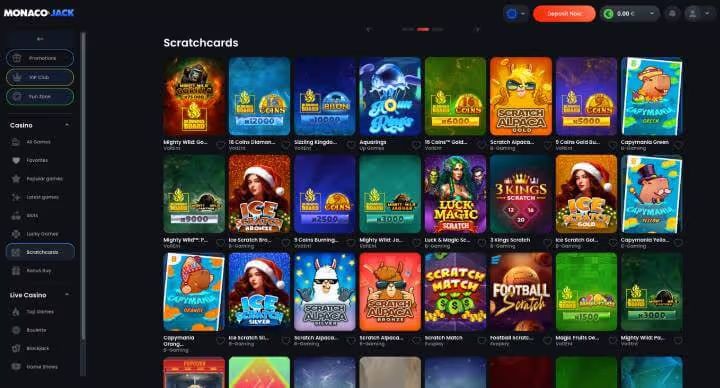 MonacoJack Casino online scratchcards screenshot