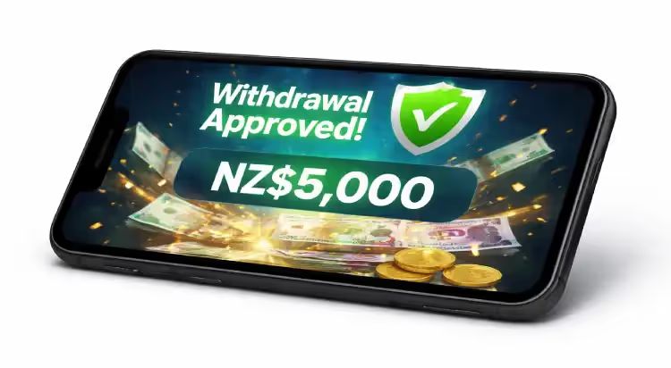 Mobile phone showing online casino withdrawal approved with NZ$ payout