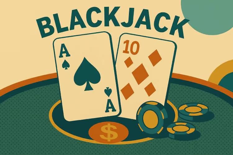 An illustration of a blackjack table with playing cards, chips, and a dealer shoe.