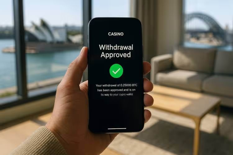 A person’s hand holding a smartphone displaying a “Withdrawal Approved” crypto casino message.