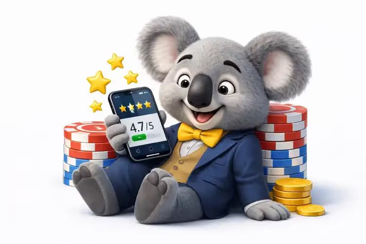 CasinosHub mascot checking new online casino star ratings on mobile, with casino chips.
