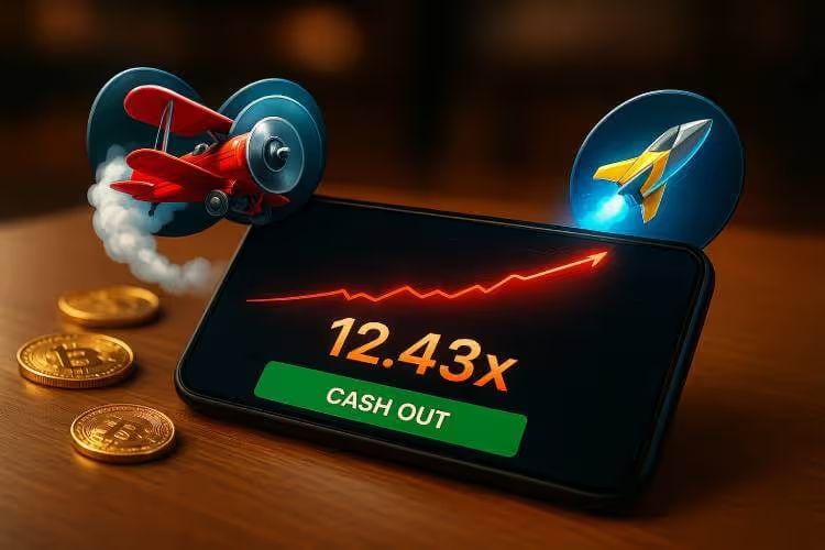 An image of a smartphone lying on a wooden table, displaying a rising crash-game multiplier. A red Aviator-style plane and a JetX-style rocket appear to launch upward from the phone screen, with several cryptocurrency coins scattered on the table.