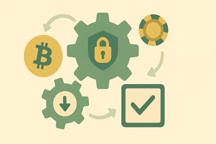 Flat vector illustration of interlocking cogs with Bitcoin, deposit, withdrawal and provably fair symbols representing how crypto casinos work