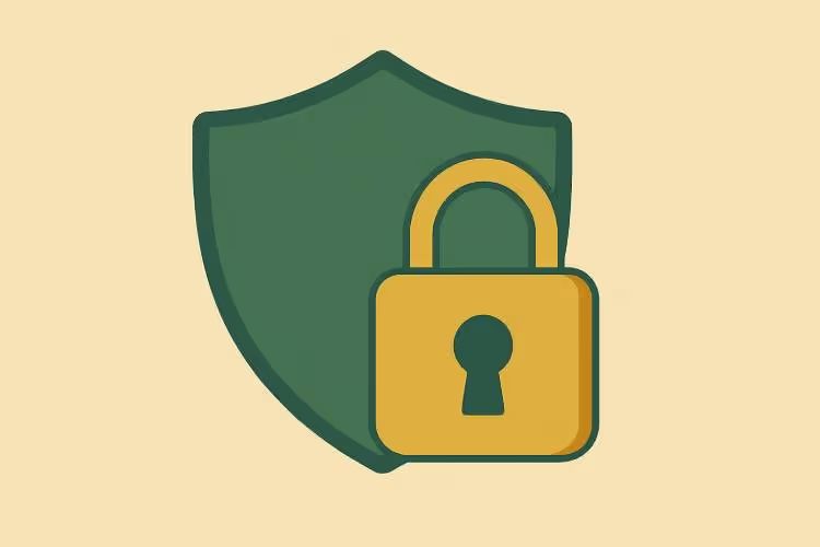 Flat vector illustration of a shield and padlock overlapping to represent security and protection at crypto casinos.