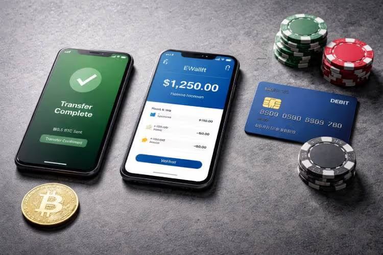 Side-by-side comparison of fast casino withdrawal methods including crypto, eWallets, and cards