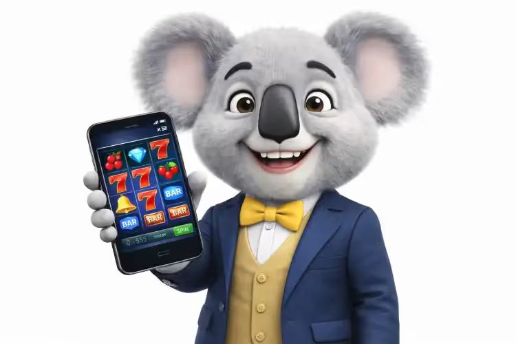 Koala mascot holding a smartphone with casino slot game on screen for mobile casino play on iPhone and Android