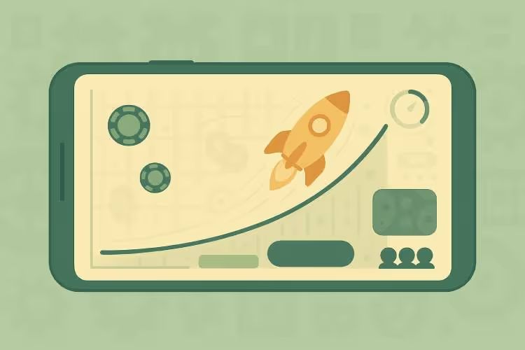 Flat vector illustration of a smartphone showing a crash game with a rising curve and rocket in a clean minimalist style