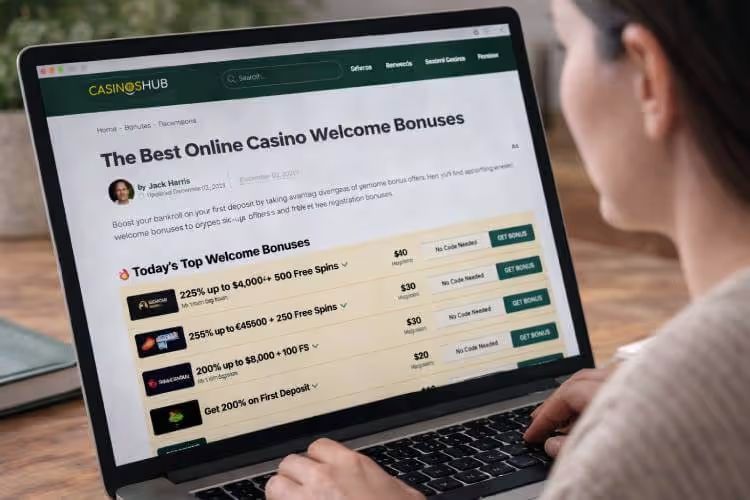 Close-up of a woman viewing online casino welcome bonuses on a laptop screen at home