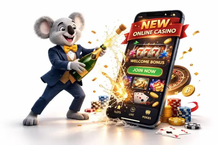 Casinoshub Koala mascot launching a new online casino on a mobile phone, representing newly launched casino sites in Australia.