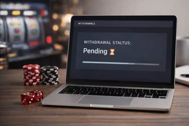 Laptop showing a pending online casino withdrawal status.