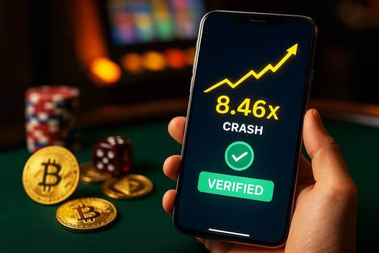 Image of a verified provably fair crypto casino game on a smartphone, with crypto coins and casino elements in the background.